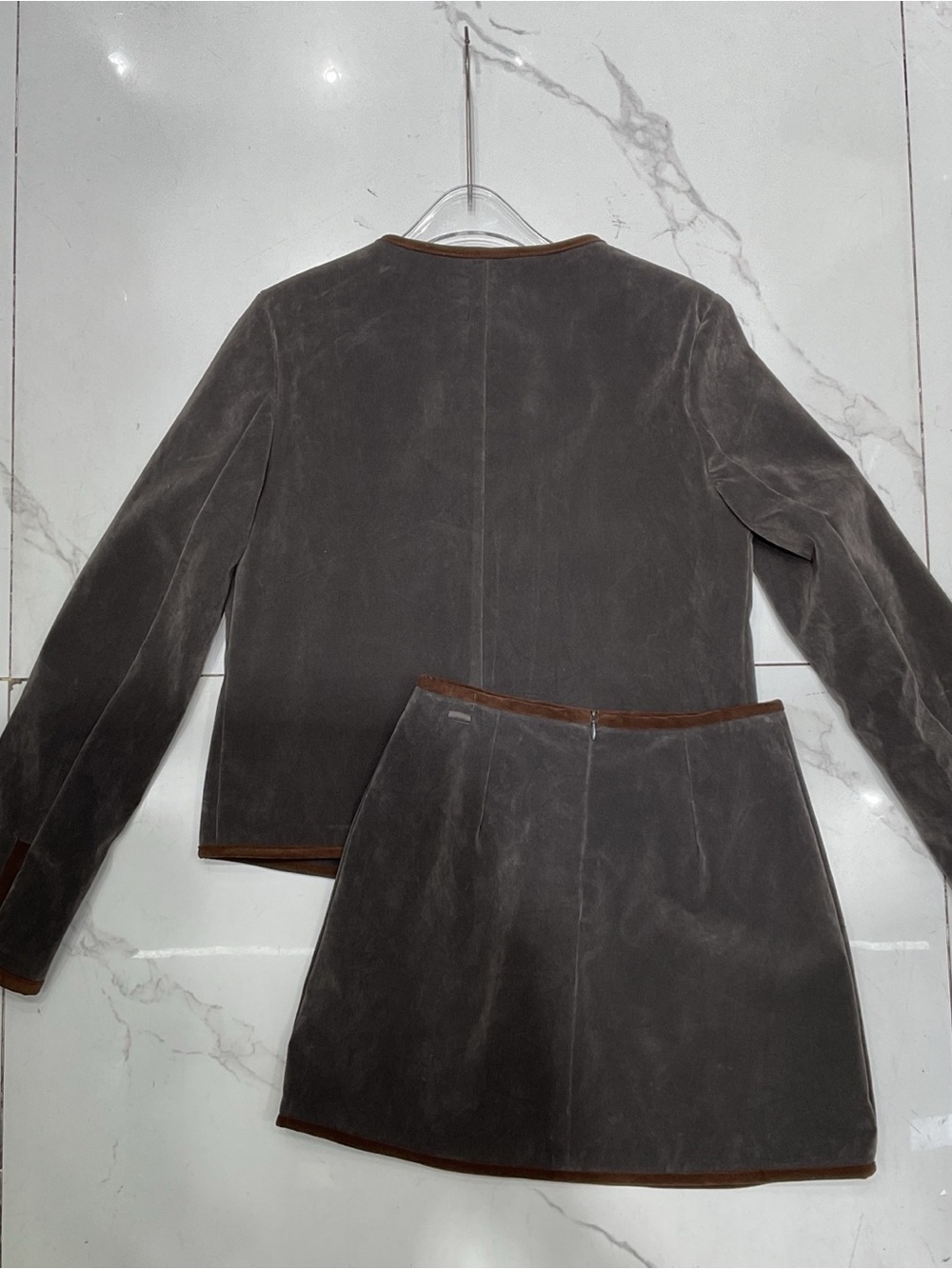 Classic Women's Velvet Two-Piece Jacket & Skirt Set - Brown - Picture 2 of 7